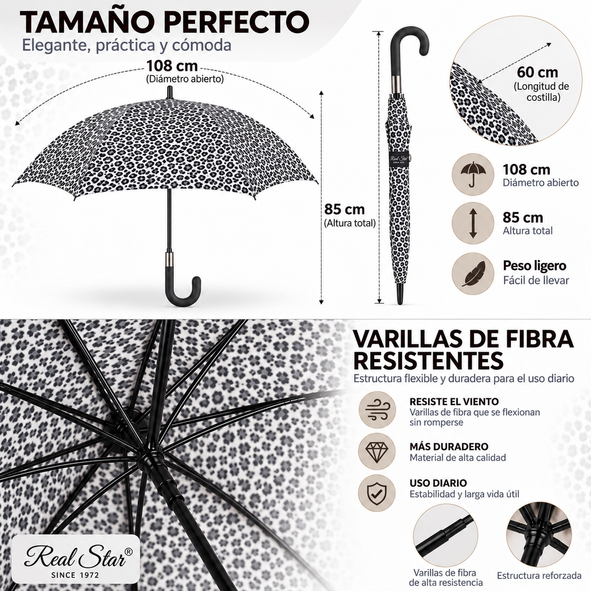 Home Universal® Paraguas Grande Semiautomático, Paraguas Largo Resistente al Viento con Mango Curvo para Mujer y Hombre (Leopardo Blanco Negro)