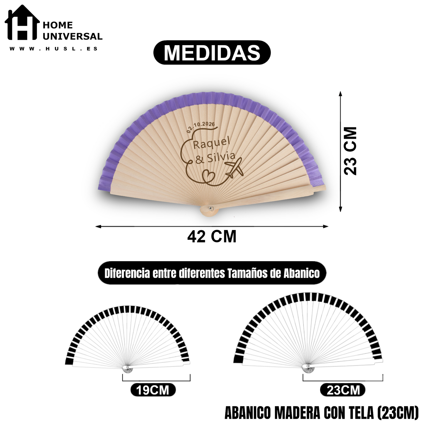 Home Universal® Abanico Personalizado de Madera, 1 Unidad – Detalle Elegante para Boda, Bautizo o Comunión, con Nombre y Fecha, Recuerdo Original para Invitados, 19 y 23 cm(Morado)