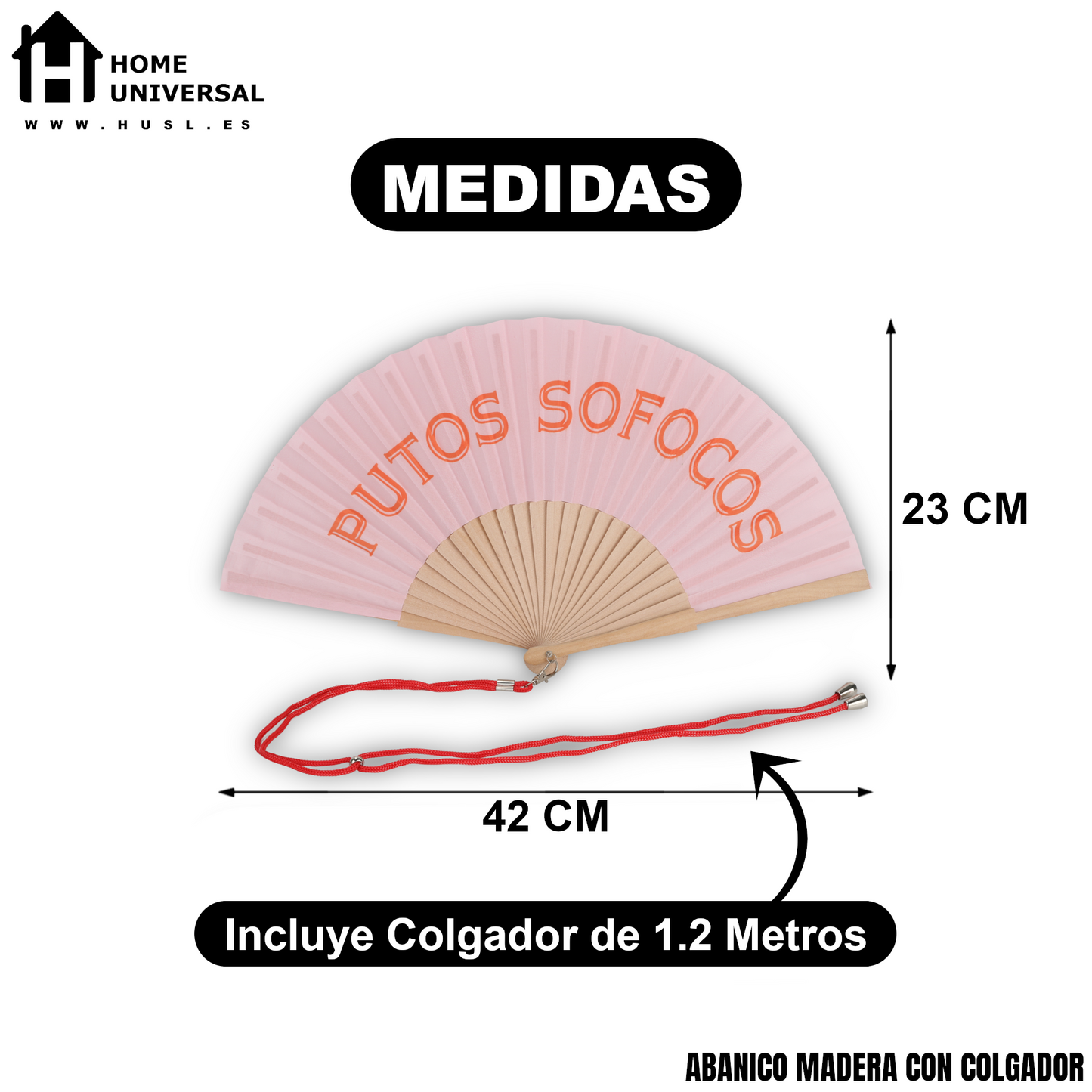 Home Universal® Abanico 23 cm con Cuerda para Cuello – Abanico Plegable de Madera Ligero y Portátil – Accesorio de Verano para Playa, Festivales, Bodas y Eventos – Diseño Divertido, Ideal para Viajes y Calor (P*TOS SOFOCOS (Rosa))