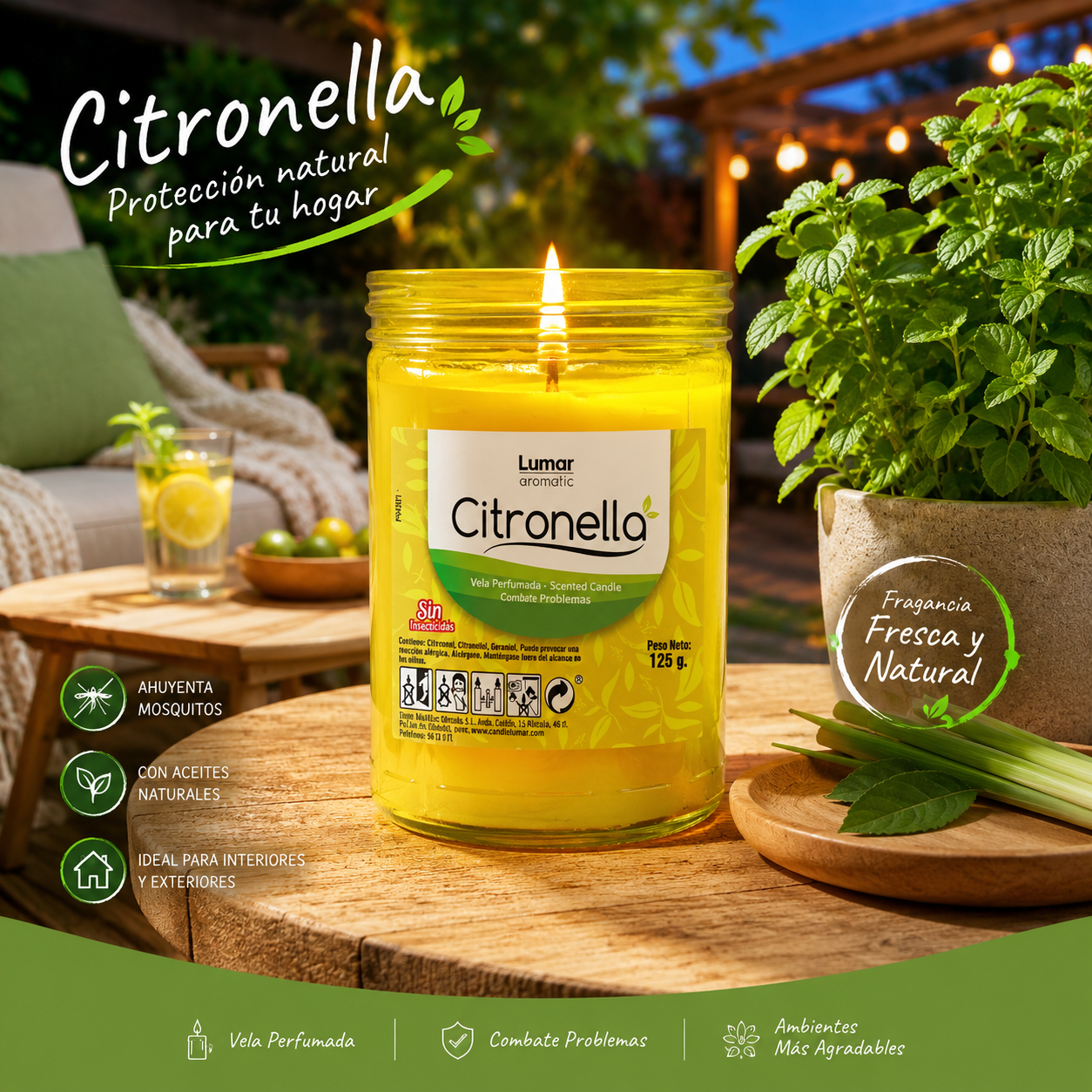 Lumar Citronela – Velas Antimosquitos para Exterior, Jardín, Terraza y Balcón | Protección Natural contra Mosquitos para Verano - Citronela Bote Plástico (6 Unidades)