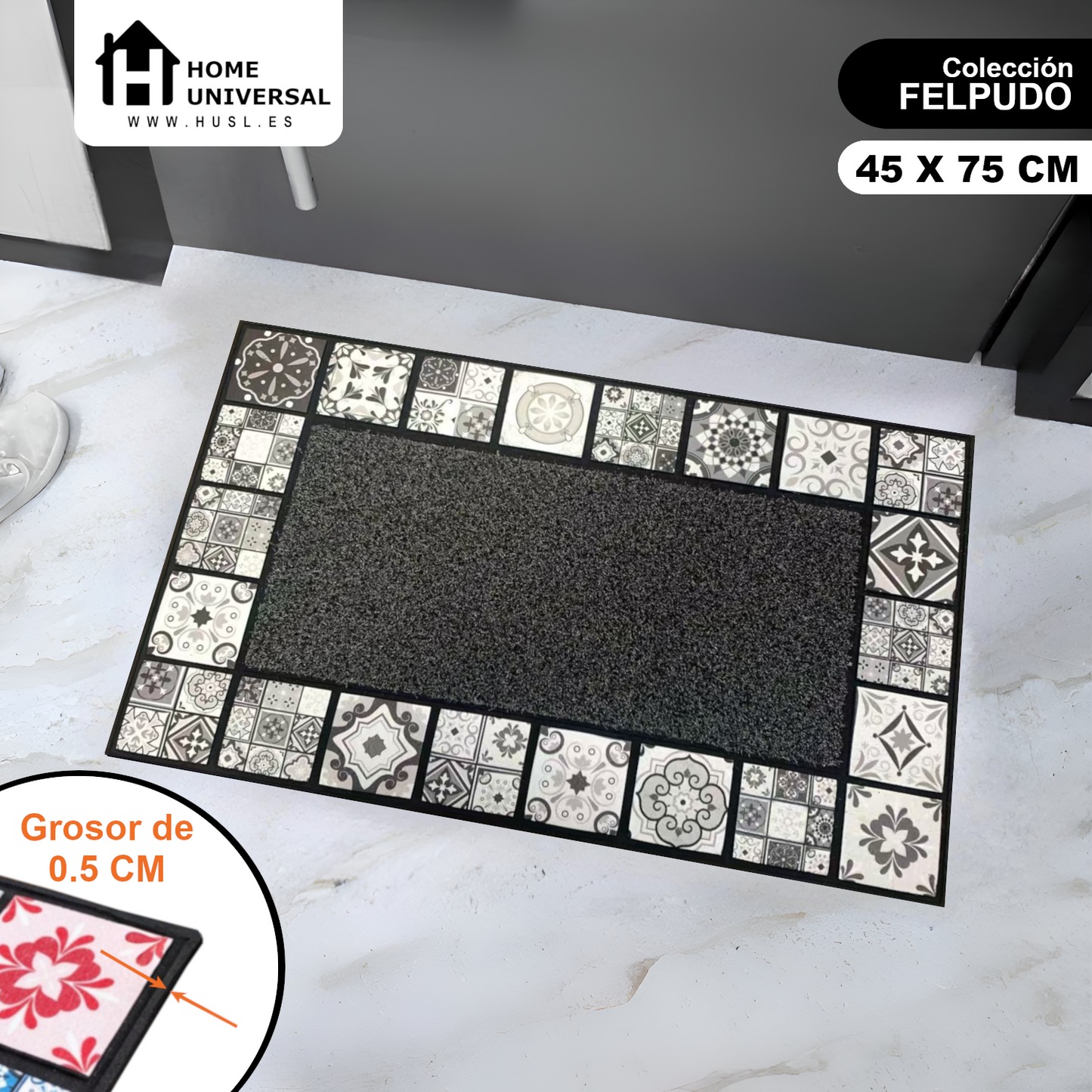 Home Universal® Felpudo de Goma Antideslizante para Exterior y interior – Resistente a Lluvia y Barro, Limpia Zapatos, Alta Durabilidad – Varias Medidas, 45X75CM, Gris (Estilo Baldosas Vintage)