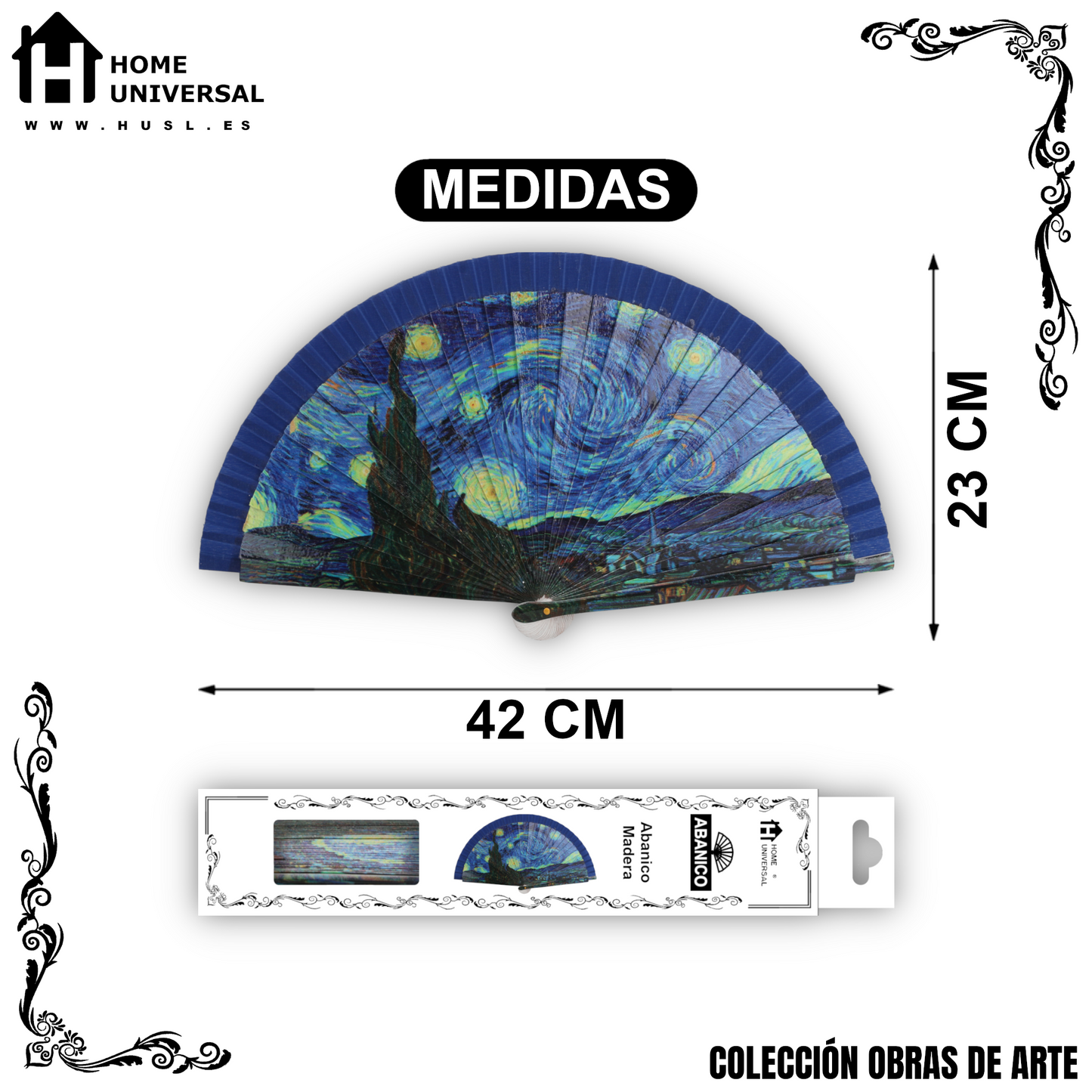 Home Universal®  Abanico 23CM DE Madera Lisa con Tela de Marfil, Abanico de Madera Adornado, Abanico Original - La Noche Estrellada de Vincent Van Gogh