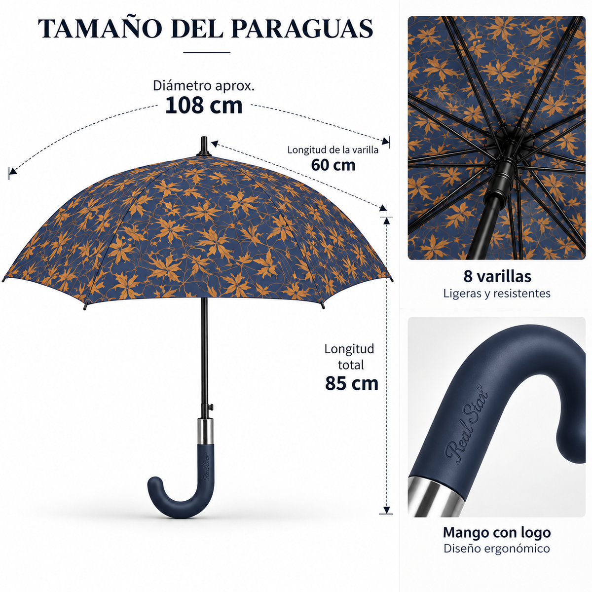 Home Universal® Paraguas Grande Semiautomático, Paraguas Largo Resistente al Viento con Mango Curvo para Mujer y Hombre (Azul Ámbar)