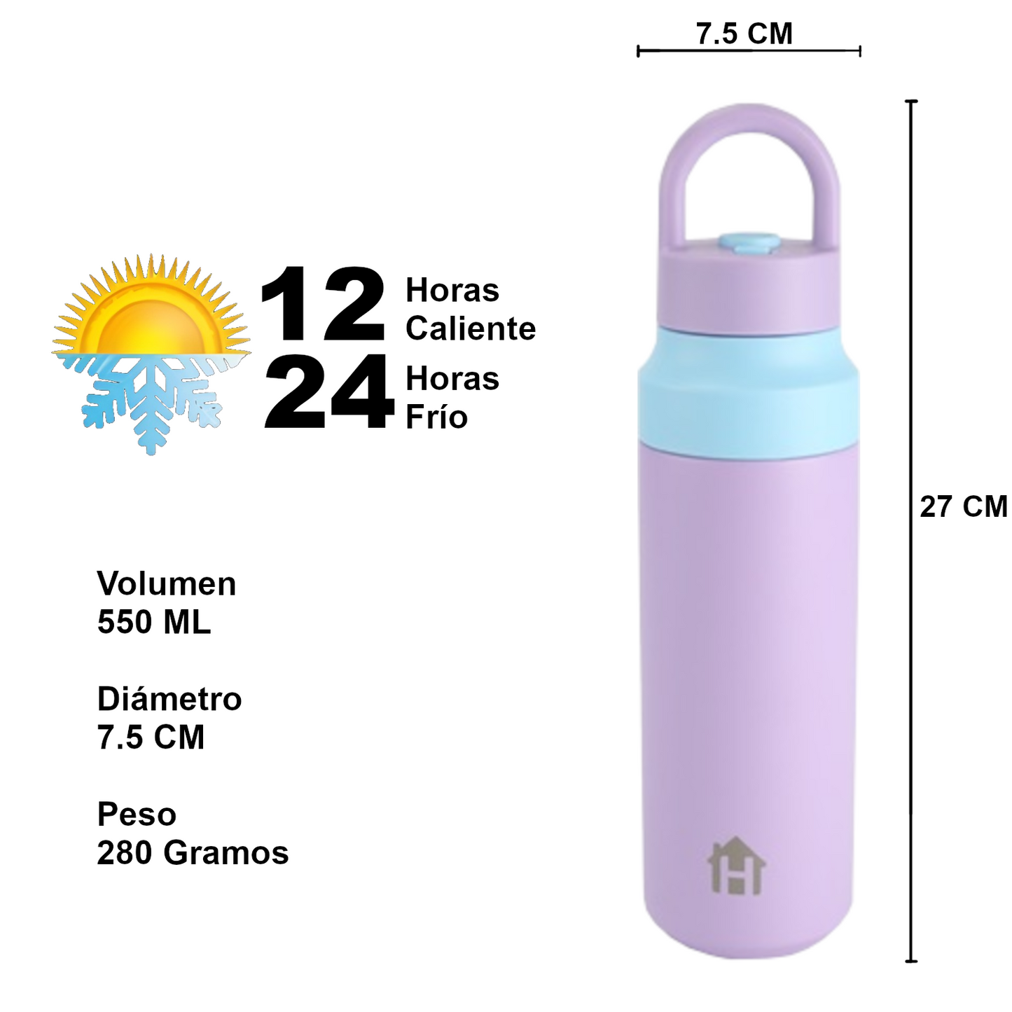 Home Universal® Botella Térmica 550ML de Apertura Rápida – Termo de Acero Inoxidable Antifugas para Café, Té y Bebidas Frías 24H/Calientes 12H (Violeta)