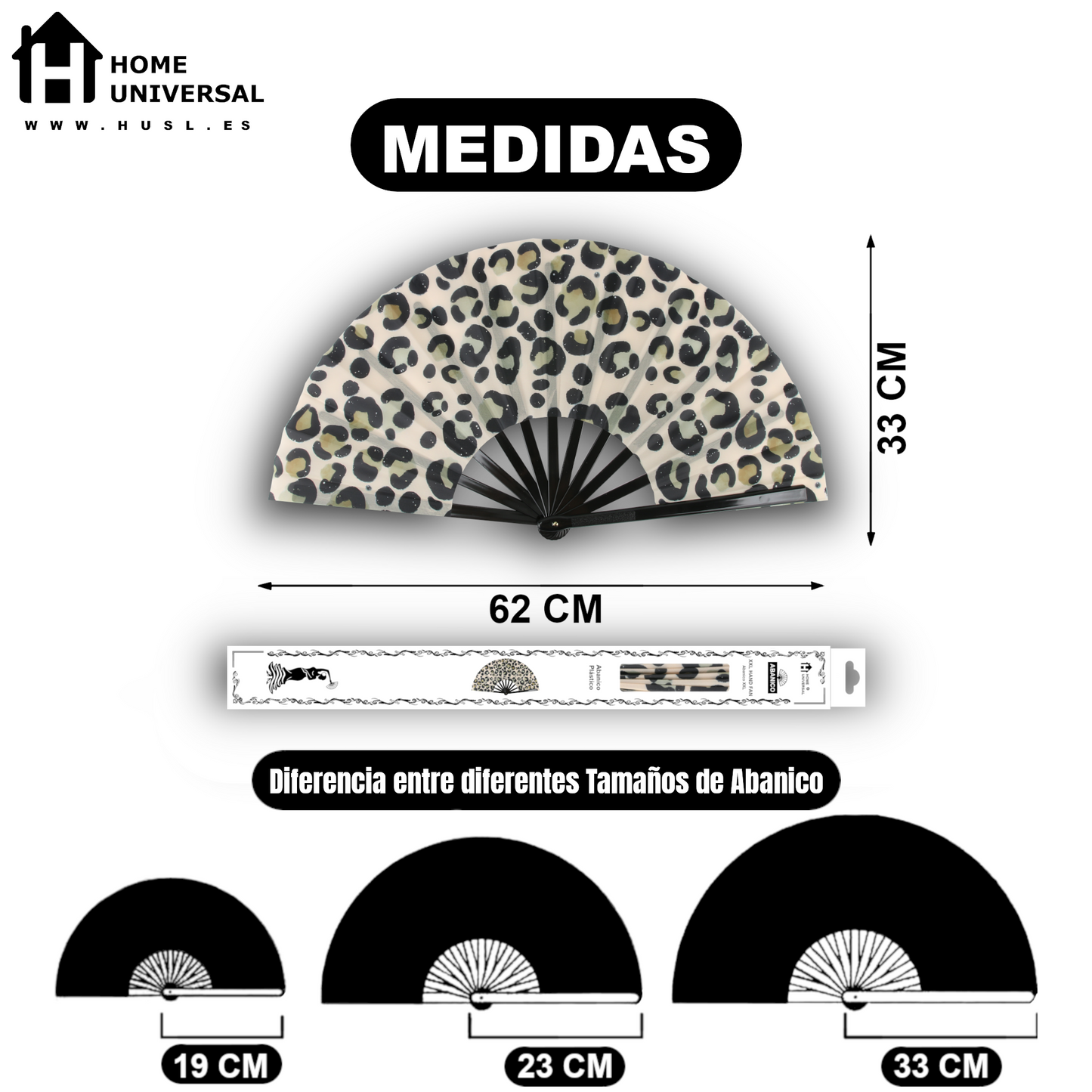 Home Universal® Abanico XXL 33 cm Grande de Plástico con Caja – Plegable, Ligero y Resistente – Efecto Fluorescente Brillante – Ideal para Verano, Fiesta, Discoteca, Pride y Eventos (Leopardo - Beige)