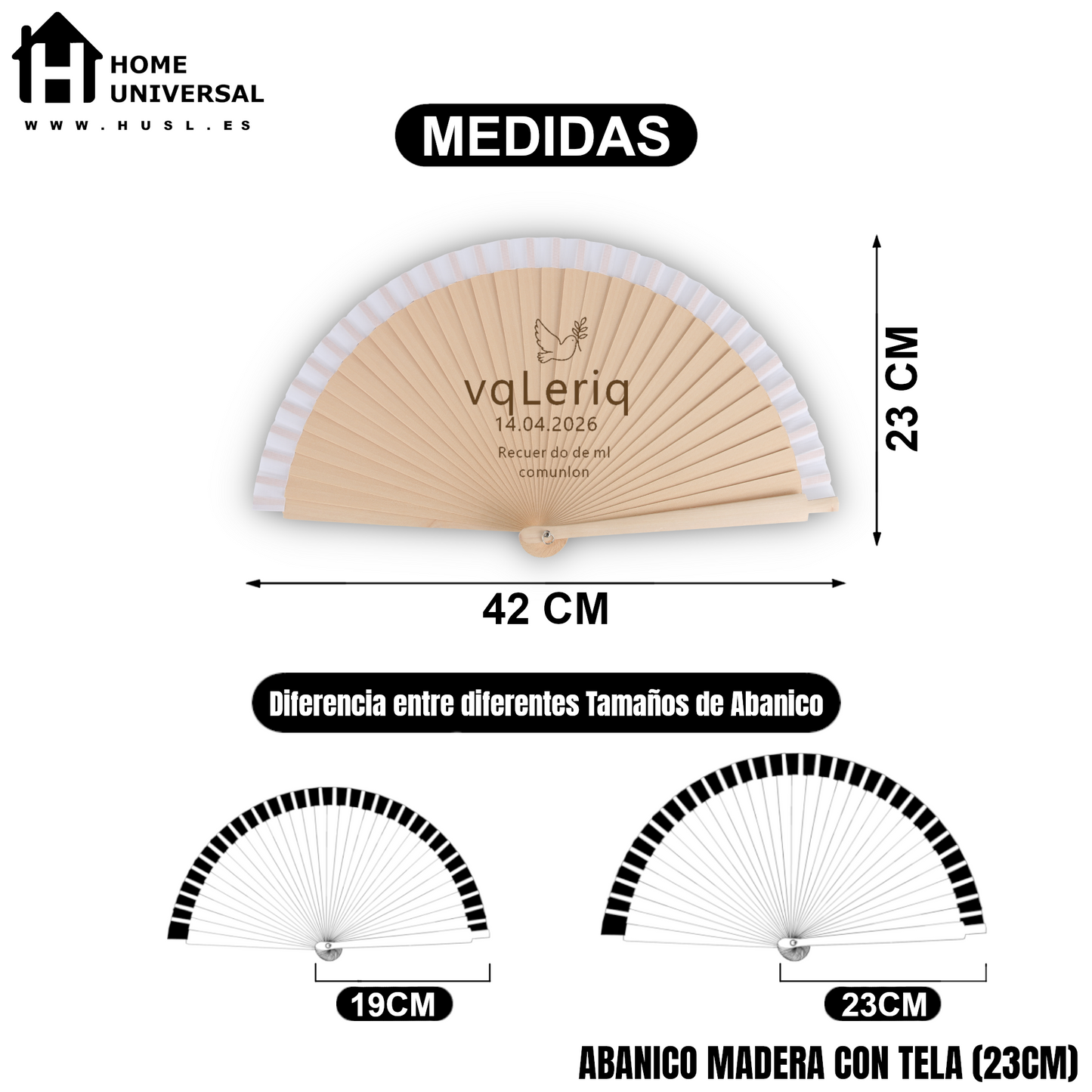 Home Universal® Abanico Personalizado de Madera, 1 Unidad – Detalle Elegante para Boda, Bautizo o Comunión, con Nombre y Fecha, Recuerdo Original para Invitados, 19 y 23 cm(Blanco)