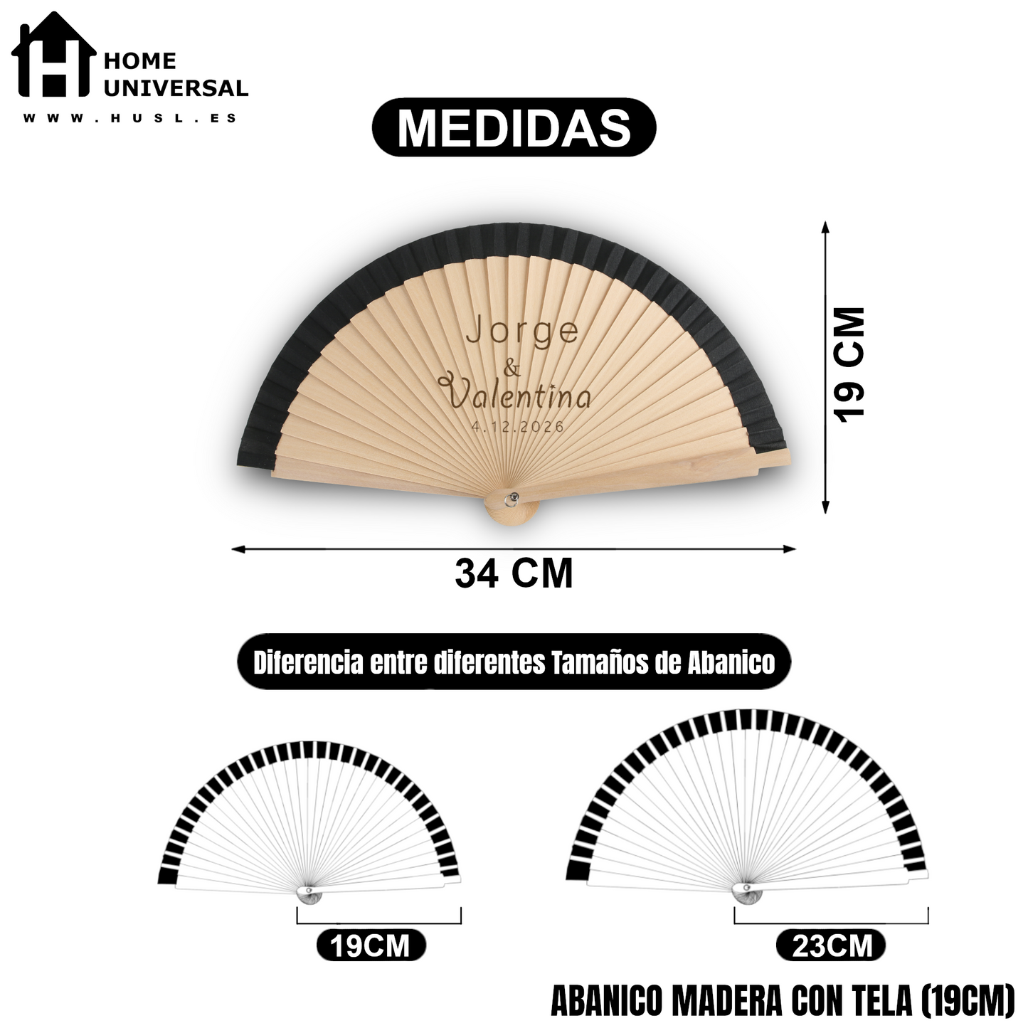 Home Universal® Abanico Personalizado de Madera, 1 Unidad – Detalle Elegante para Boda, Bautizo o Comunión, con Nombre y Fecha, Recuerdo Original para Invitados, 19 y 23 cm(Negro)