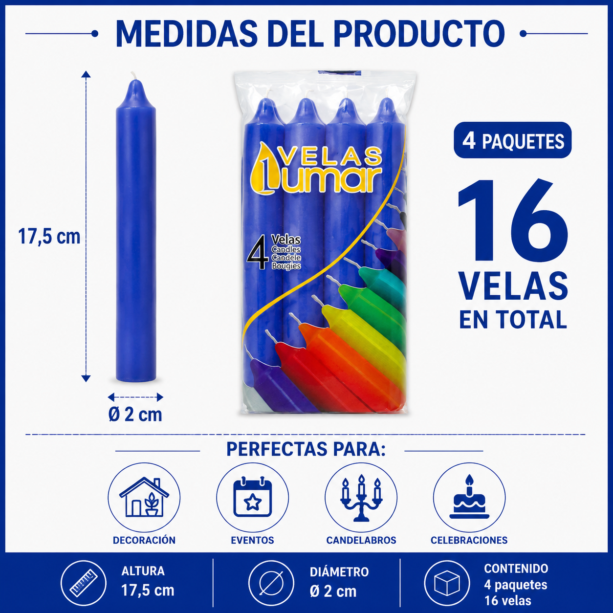 Home Universal® Pack de 16 Velas Cilíndricas Azul Océano 175x20 mm, Velas para Candelabros, Decoración de Mesa, Bodas, Comuniones y Eventos