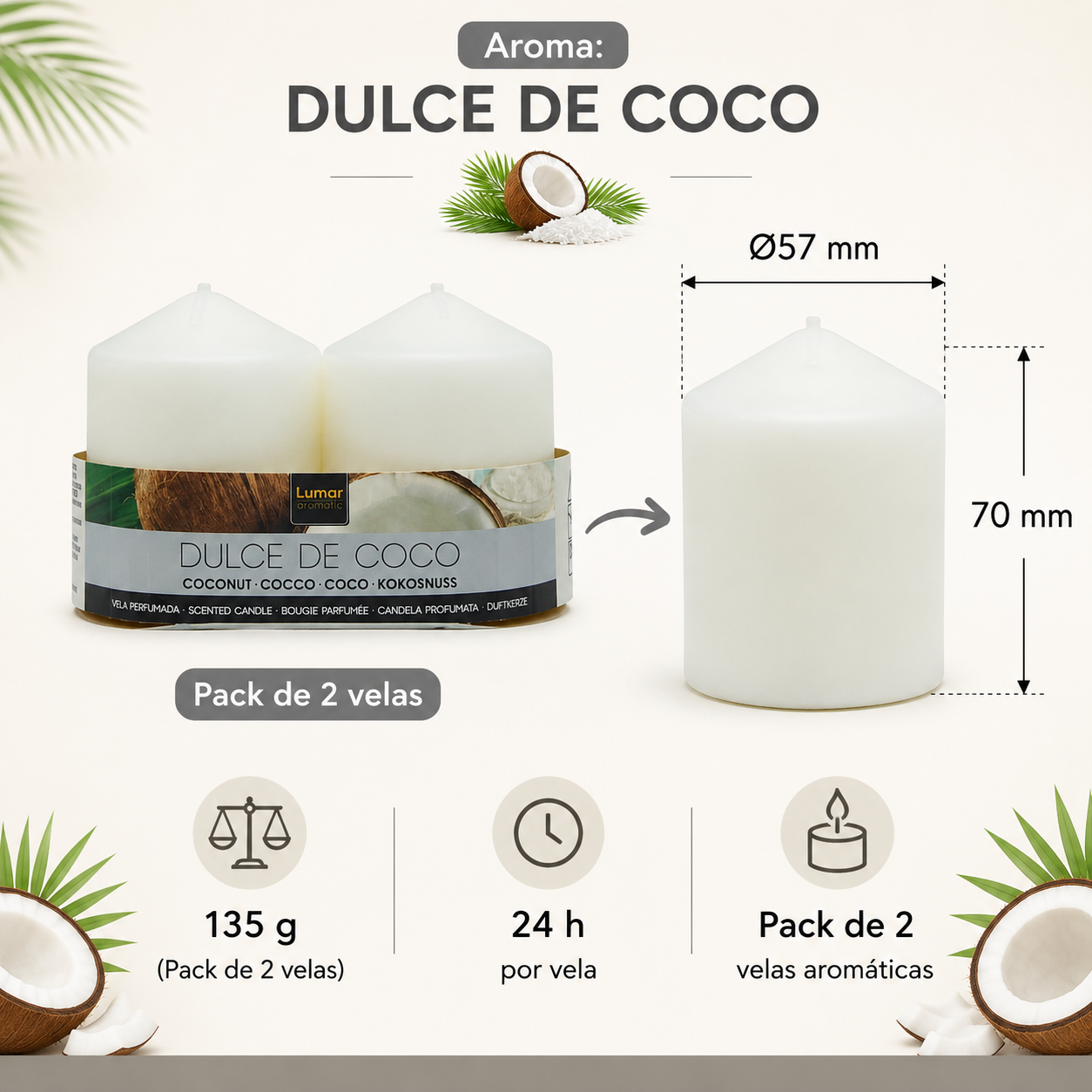 Home Universal® 6 Velas Aromáticas Perfumadas, 9 Aromas Disponibles, 2 Tamaños Disponibles, Velas Decorativas para Hogar, Relax, Spa y Aromaterapia (COCO Ø57 × 70 mm)