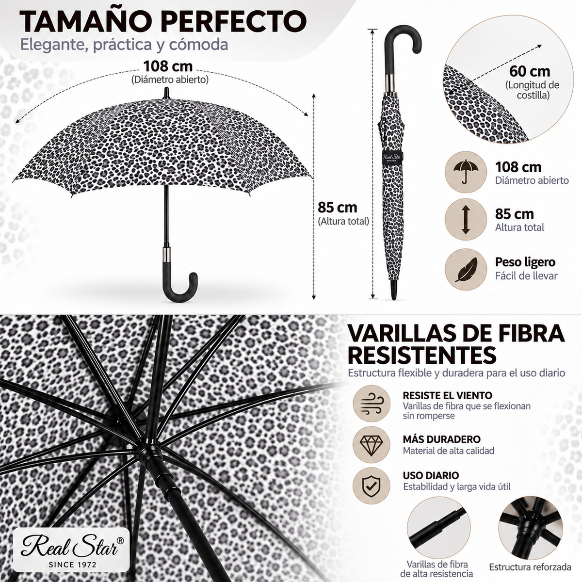 Home Universal® Paraguas Grande Semiautomático, Paraguas Largo Resistente al Viento con Mango Curvo para Mujer y Hombre (Leopardo Gris)