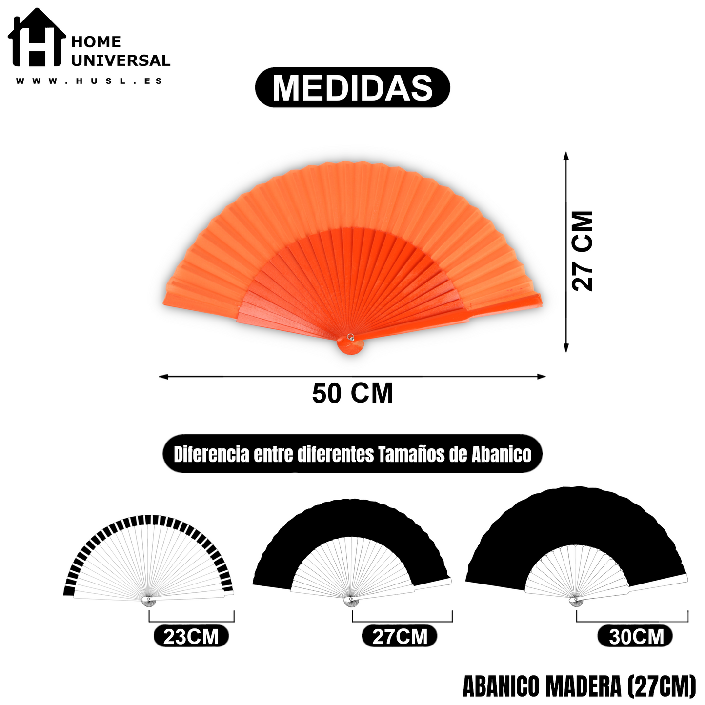 Home Universal® Abanico de madera con argollas para colgar, plegable, ligero y resistente, ideal para bodas, eventos y verano, diseño clásico y portátil perfecto para regalo y uso diario - Naranja (27CM)