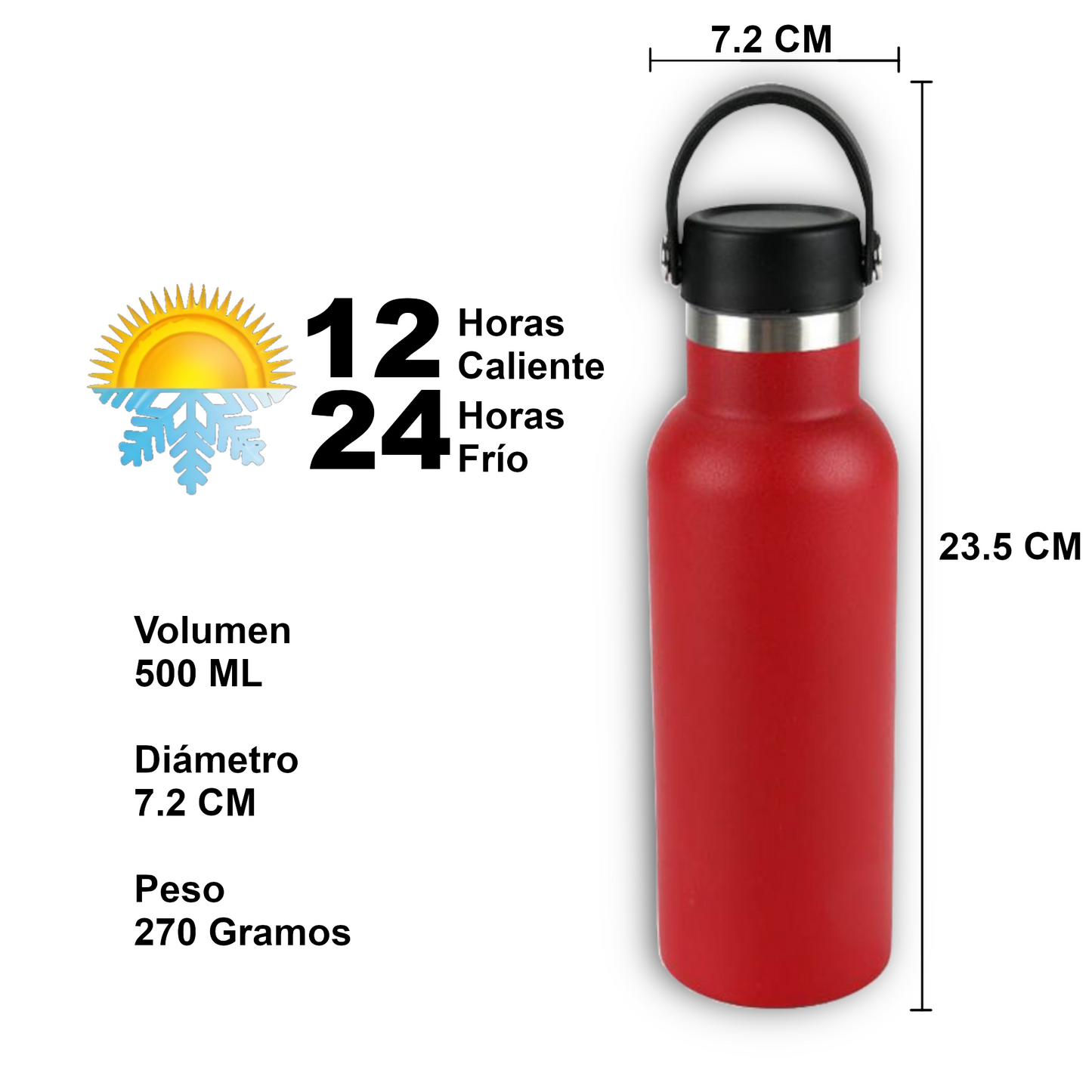 Home Universal® Botella Térmica 500ml de Acero Inoxidable | 12h y Frías 24h | Doble Pared | Mantiene Frío y Caliente por Horas | Antiderrames, Ligera e Ideal para Deporte, Oficina y Viajes - (Rojo)