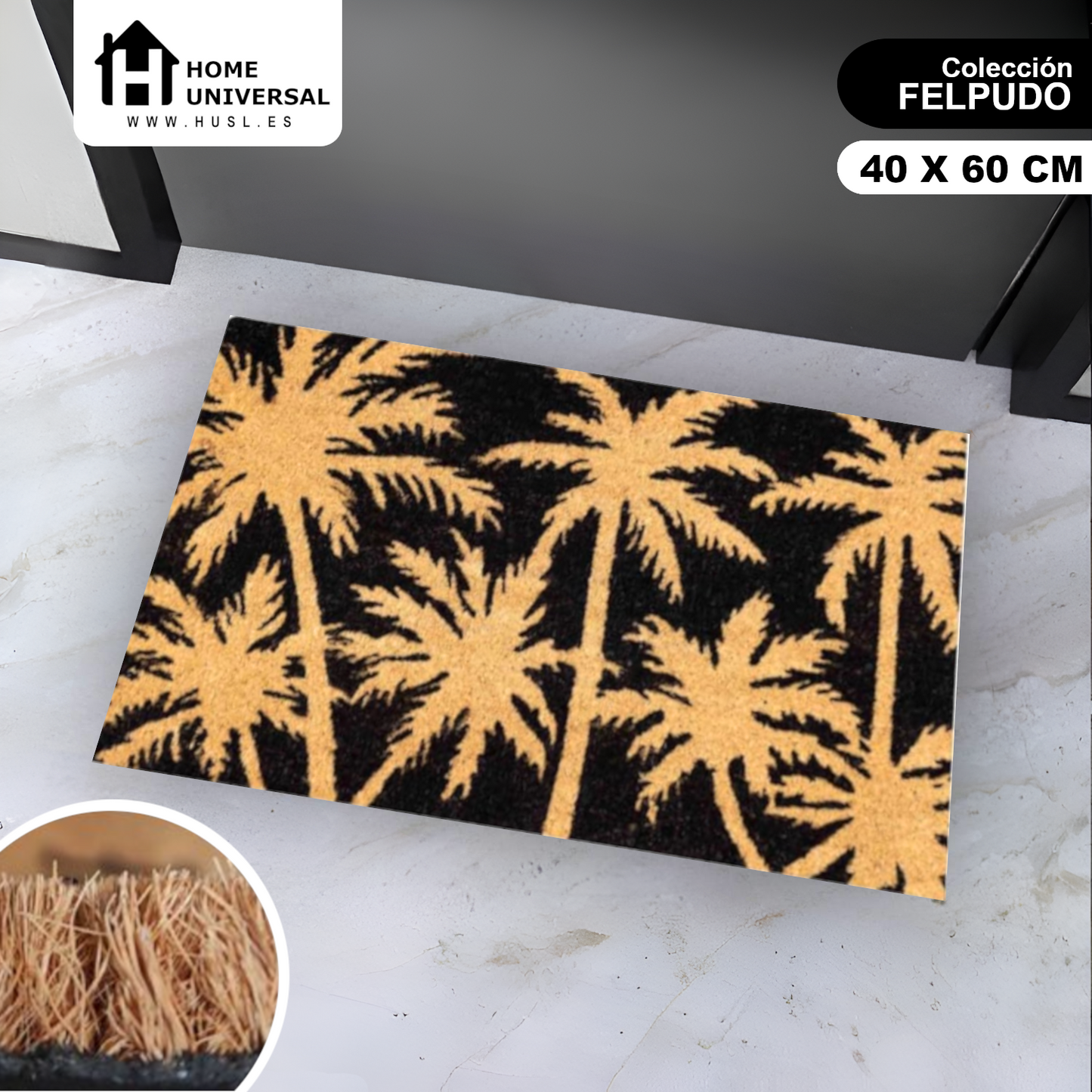 HOME UNIVERSAL | Felpudos de Fibra de Coco con Base Antideslizante 60x40x1.5CM (Palmera)