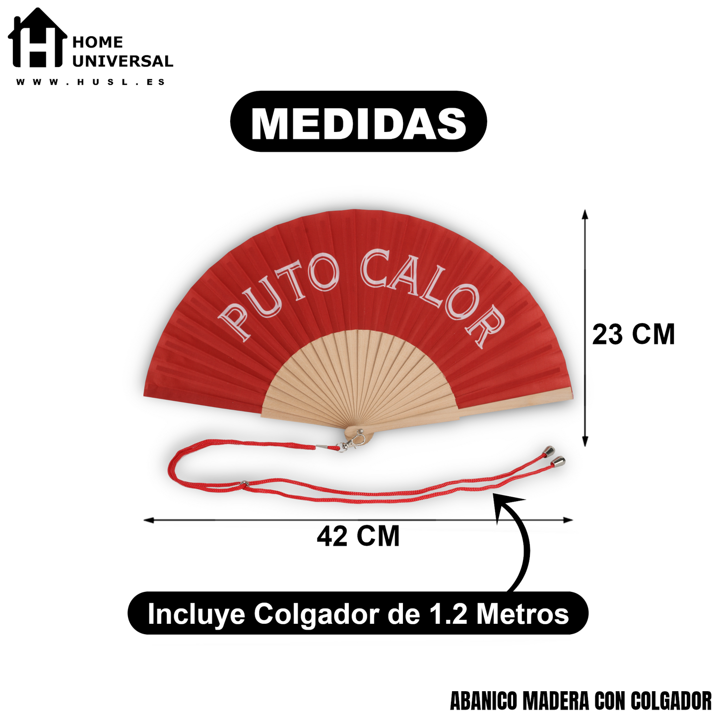 Home Universal® Abanico 23 cm con Cuerda para Cuello – Abanico Plegable de Madera Ligero y Portátil – Accesorio de Verano para Playa, Festivales, Bodas y Eventos – Diseño Divertido, Ideal para Viajes y Calor (P*TO CALOR (Rojo))