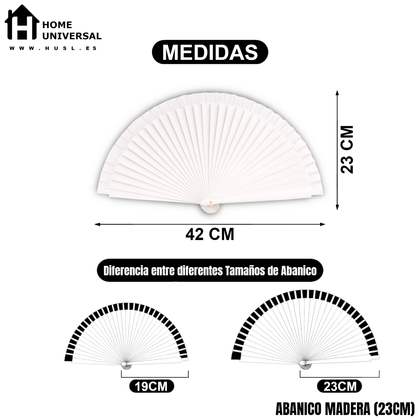 HOME UNIVERSAL Abanicos Madera con caja Liso 23CM, Detalles para los Invitados, Regalos de Boda, Fiesta, Comunión o Bautizo - (Blanco 23 CM con Caja)