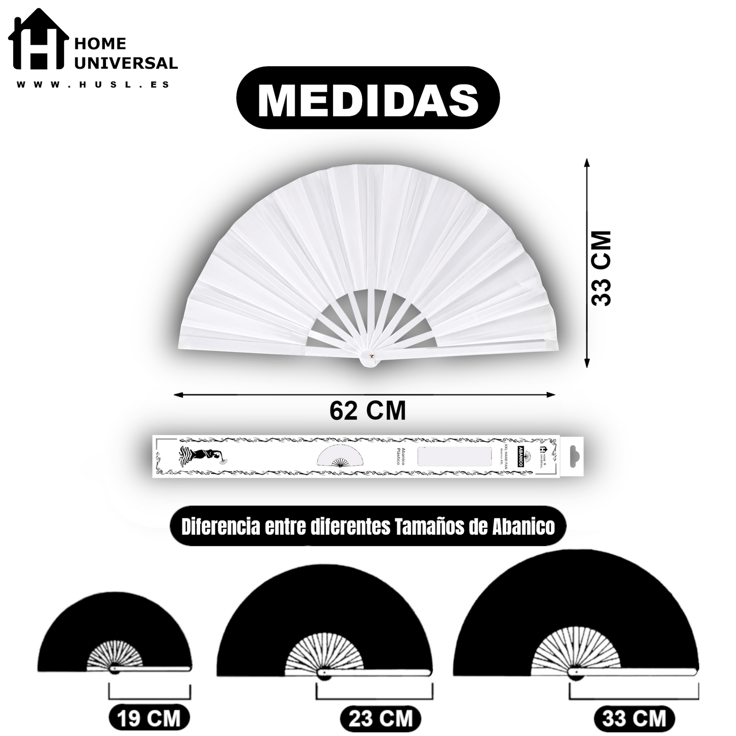 Home Universal® Abanico XXL 33 cm Grande de Plástico con Caja – Plegable, Ligero y Resistente – Efecto Fluorescente Brillante – Ideal para Verano, Fiesta, Discoteca, Pride y Eventos - Blanco (Liso)