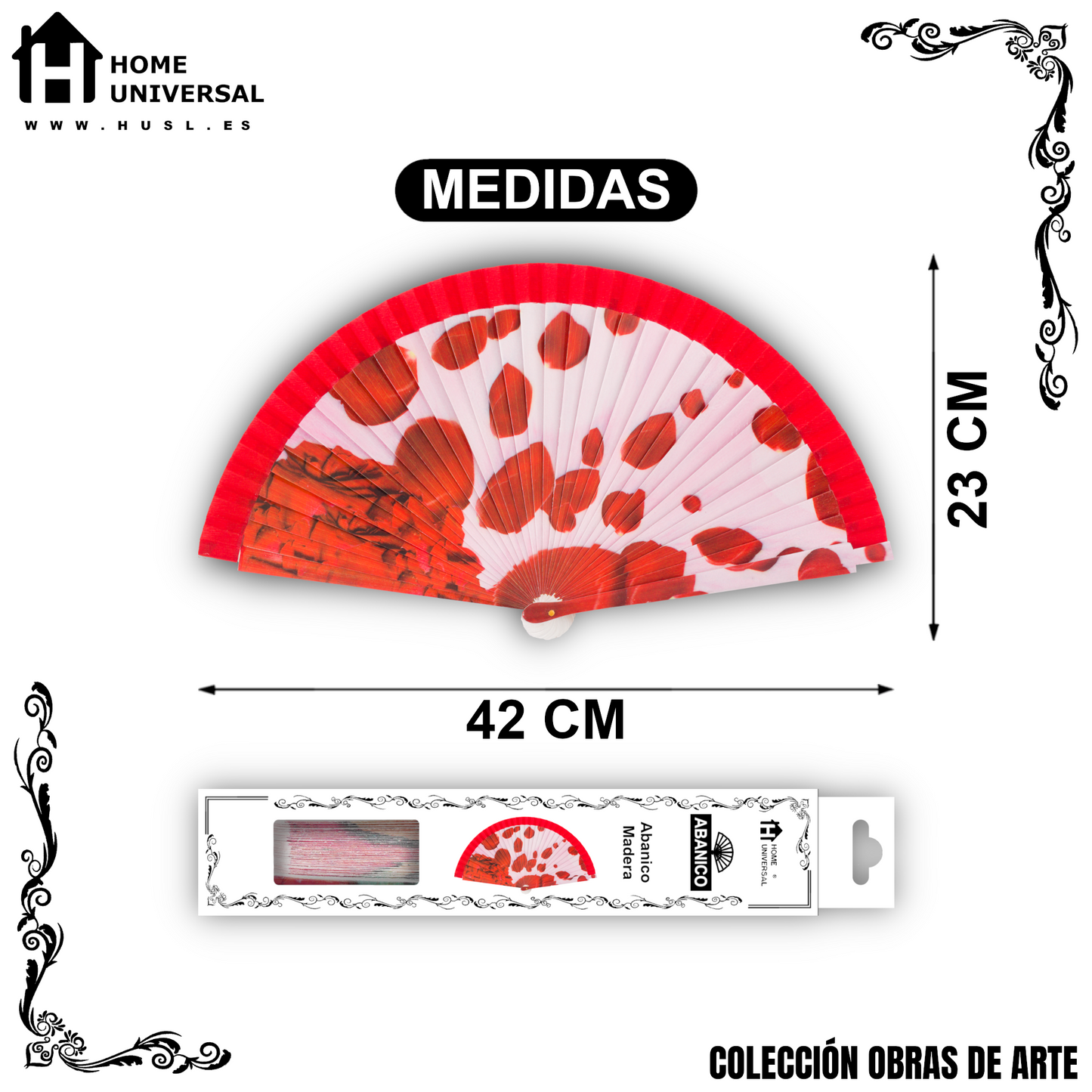 Home Universal®  Abanico 23CM DE Madera Lisa con Tela de Marfil, Abanico de Madera Adornado, Abanico Original - Pétalos de Rosa (Dibujo Artístico)