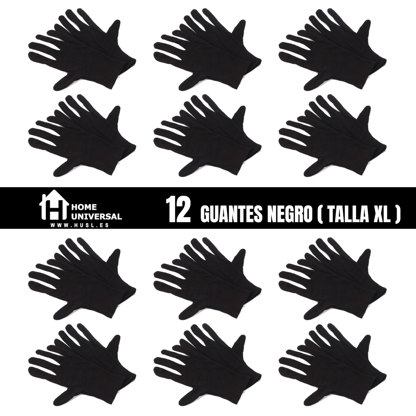 Home Universal®  Guantes de Algodón 100% Blancos y Negros – Guantes Suaves y Transpirables para Hogar, Archivo, Joyería y Manipulación Delicada (Negro)