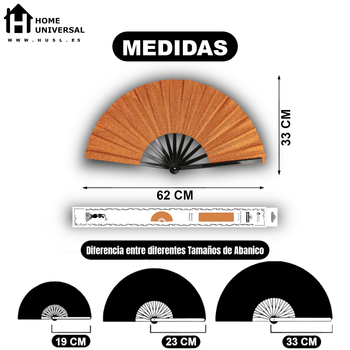 Home Universal® Abanico XXL 33 cm Grande de Plástico con Caja – Plegable, Ligero y Resistente – Efecto Fluorescente Brillante – Ideal para Verano, Fiesta, Discoteca, Pride y Eventos - Naranja (Purpurina)