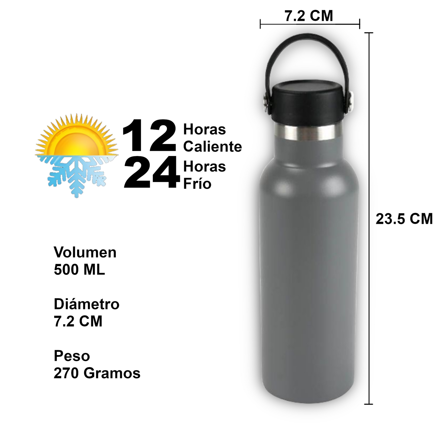 Home Universal® Botella Térmica 500ml de Acero Inoxidable | 12h y Frías 24h | Doble Pared | Mantiene Frío y Caliente por Horas | Antiderrames, Ligera e Ideal para Deporte, Oficina y Viajes - (Gris)