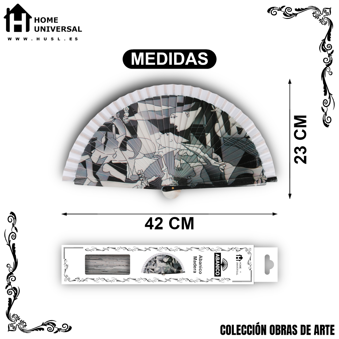 Home Universal®  Abanico 23CM DE Madera Lisa con Tela de Marfil, Abanico de Madera Adornado, Abanico Original - Guernica de Pablo Picasso