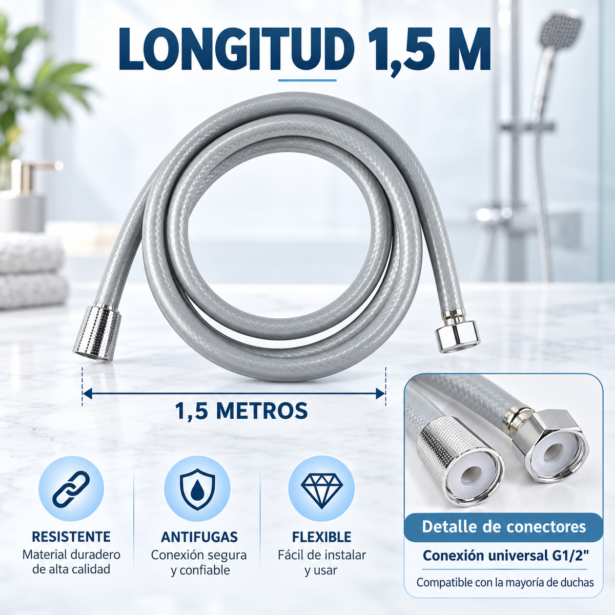 Home Universal® Manguera de Ducha Universal G1/2 – Flexible, Antienredos y Fácil de Instalar, Compatible con la Mayoría de Duchas (Gris Plata (1.5m))