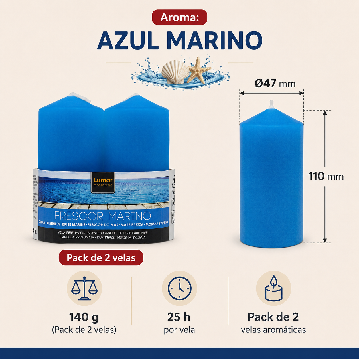 Home Universal® 6 Velas Aromáticas Perfumadas, 9 Aromas Disponibles, 2 Tamaños Disponibles, Velas Decorativas para Hogar, Relax, Spa y Aromaterapia (AZUL MARINO Ø47 × 110 mm)
