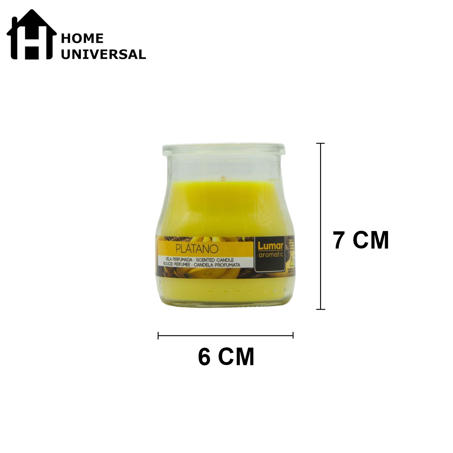 Home Universal® Pack de 3/6/12 Velas Aromáticas en Vaso de Cristal Reciclable LUMAR AROMATIC – 24h de Duración por Vela – Cera Vegetal Perfumada – 16 Fragancias Disponibles – Fabricadas en España – 7x6cm (Plátano)