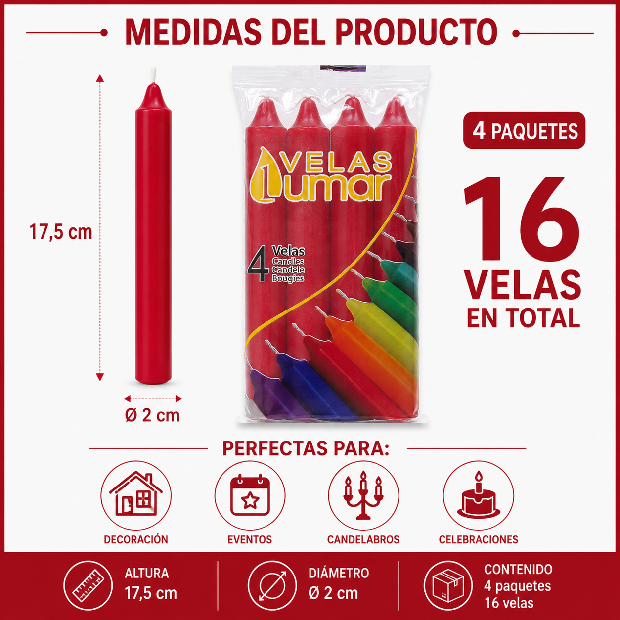 Home Universal® Pack de 16 Velas Cilíndricas Rojo Clásico 175x20 mm, Velas para Candelabros, Decoración de Mesa, Bodas, Comuniones y Eventos