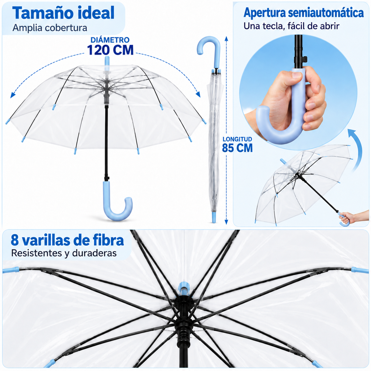 Home Universal® Paraguas Transparente Grande 120 cm, Paraguas de Cúpula con Mango Curvo, Apertura Semiautomática (Azul Claro)