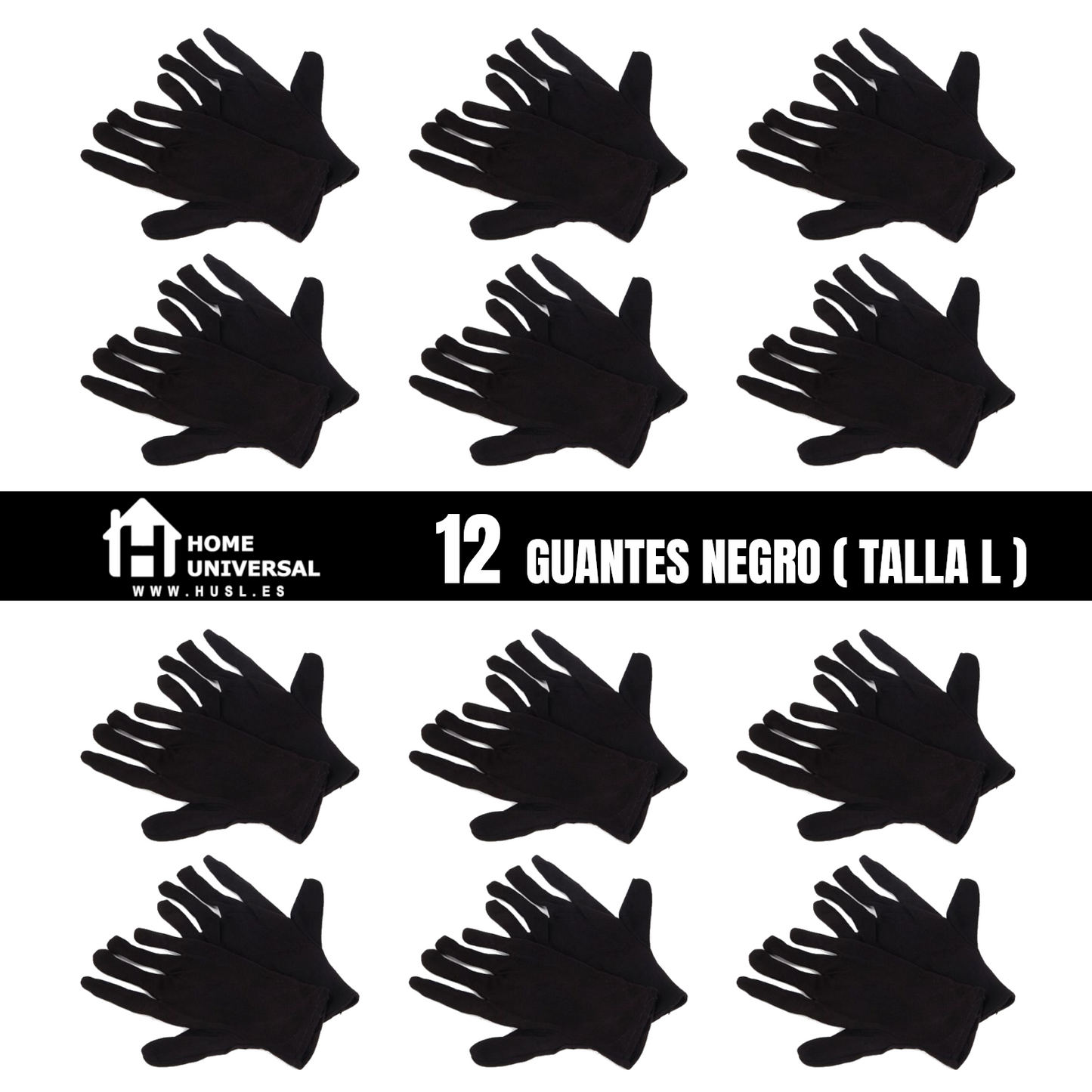 Home Universal®  Guantes de Algodón 100% Blancos y Negros – Guantes Suaves y Transpirables para Hogar, Archivo, Joyería y Manipulación Delicada (Negro)