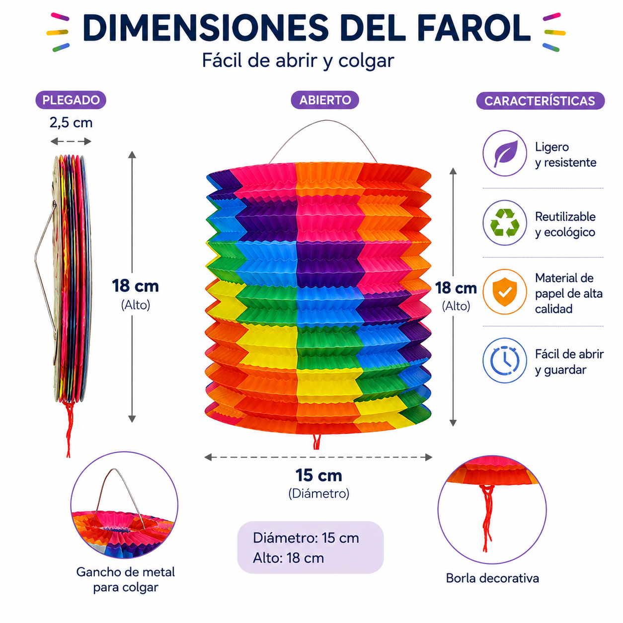Home Universal® 12 Farolillos Japoneses de Papel, Decoración Colgante Multicolor para Cumpleaños, Bodas, Jardín y Celebraciones (Farolillo Cilíndrico Arcoíris)