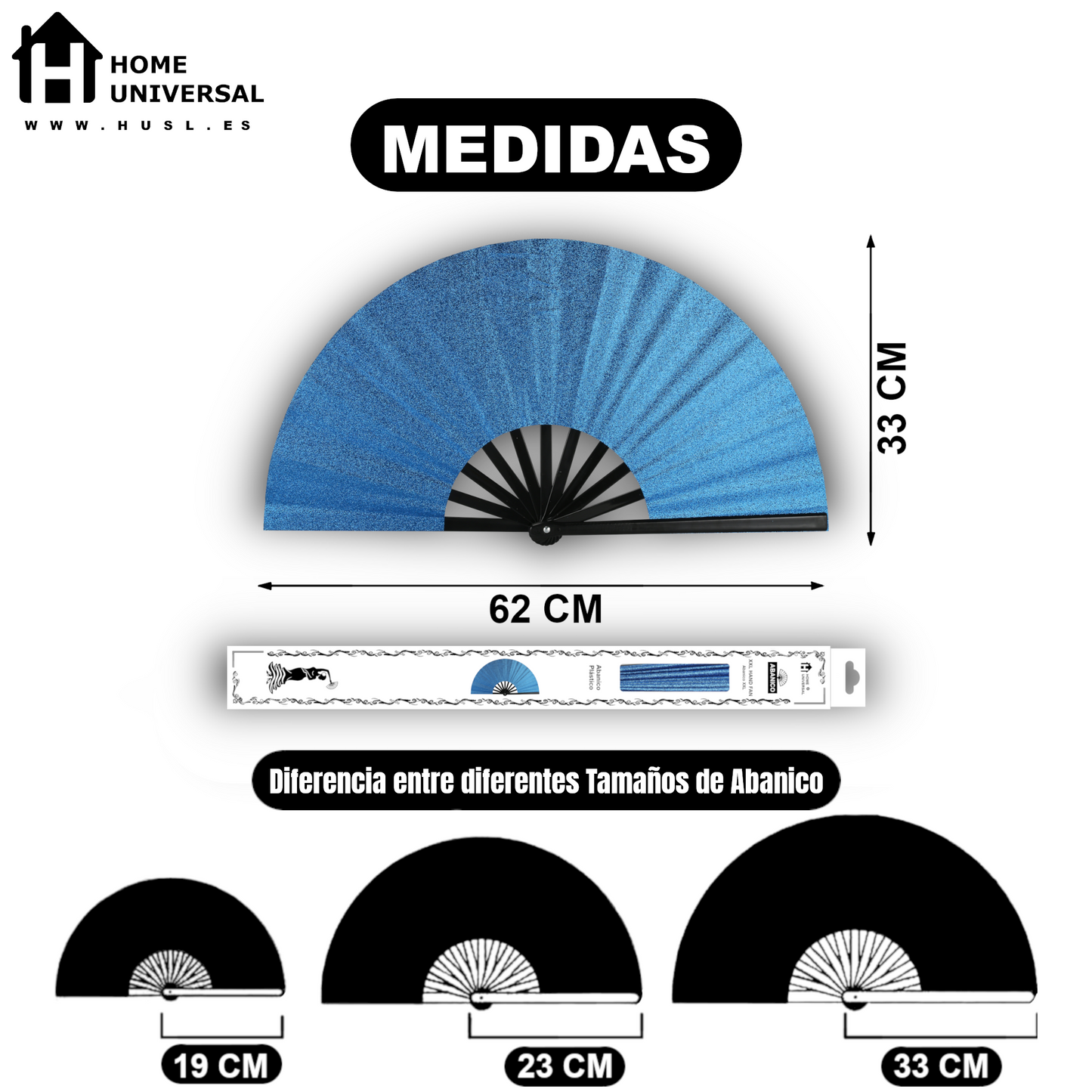 Home Universal® Abanico XXL 33 cm Grande de Plástico con Caja – Plegable, Ligero y Resistente – Efecto Fluorescente Brillante – Ideal para Verano, Fiesta, Discoteca, Pride y Eventos - Azul (Purpurina)