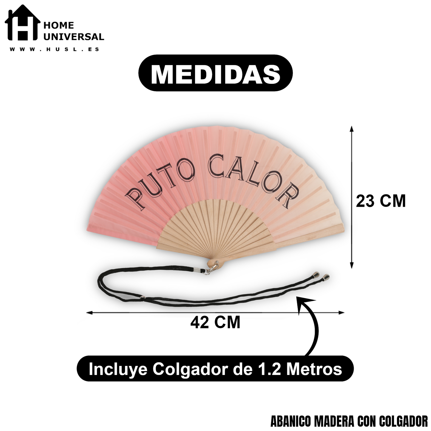 Home Universal® Abanico 23 cm con Cuerda para Cuello – Abanico Plegable de Madera Ligero y Portátil – Accesorio de Verano para Playa, Festivales, Bodas y Eventos – Diseño Divertido, Ideal para Viajes y Calor (P*TO CALOR (Coral))