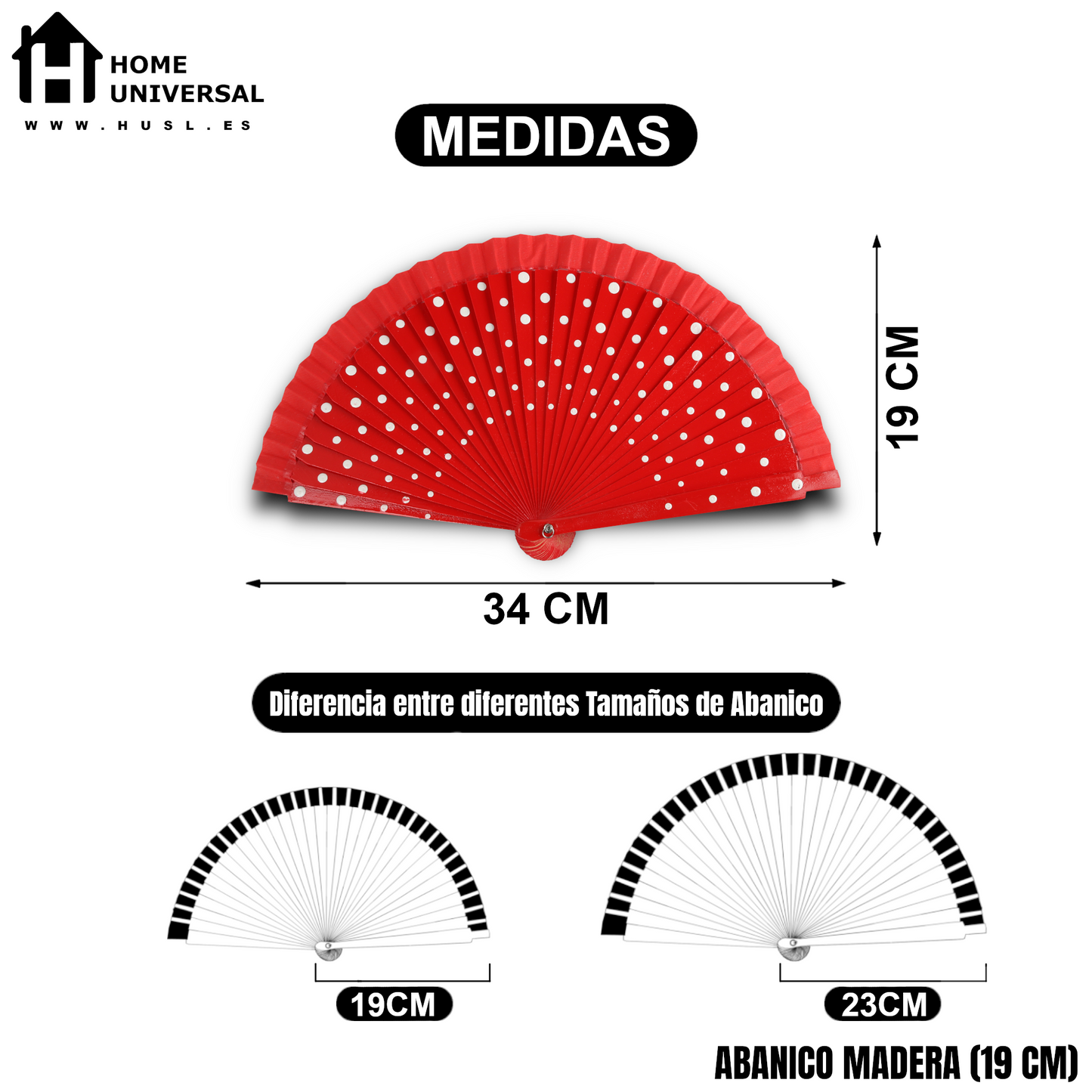 Home Universal® Pack de 1/2 Abanicos de Madera Lacados, Disponibles en Varios Colores y Tamaños, Abanico Flamenco Español para Bodas, Ferias, Fiestas, Comuniones y Eventos (19 cm, Rojo Con Lunar Blanco)