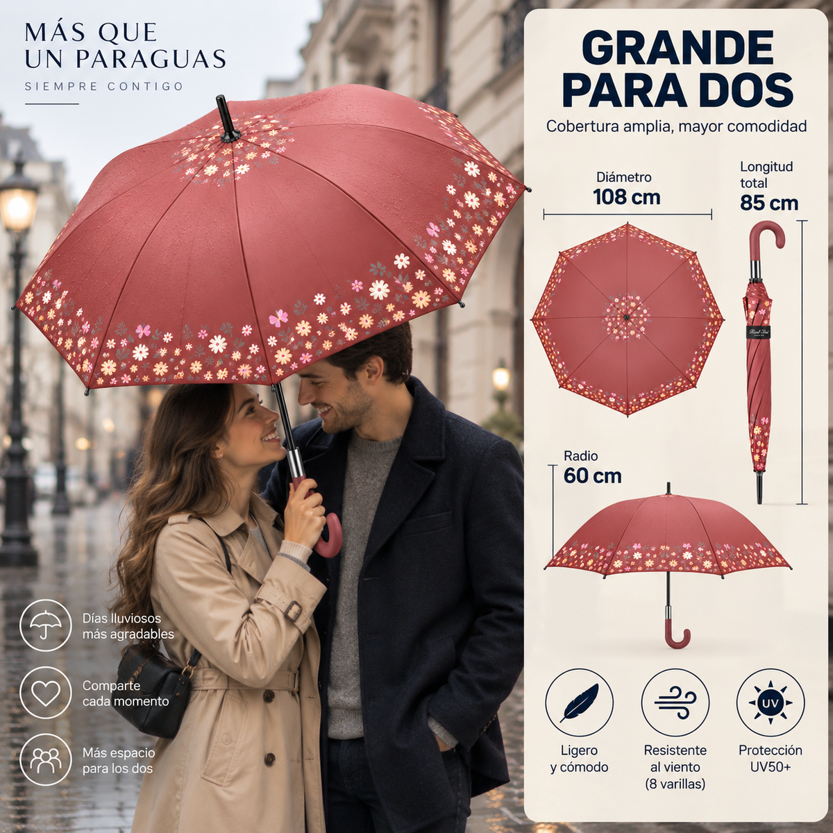 Home Universal® Paraguas Grande Semiautomático, Paraguas Largo Resistente al Viento con Mango Curvo para Mujer y Hombre (Rosa Encanto)