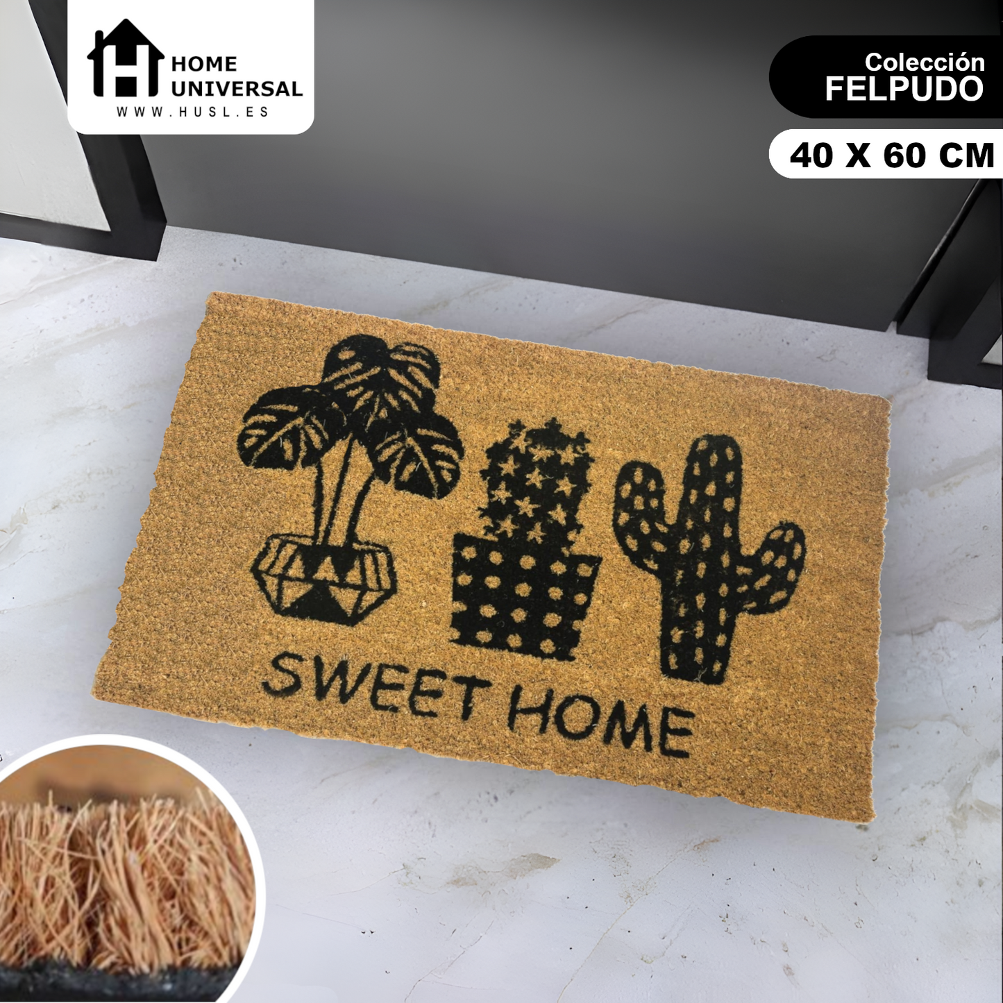 HOME UNIVERSAL | Felpudos de Fibra de Coco con Base Antideslizante 60x40x1.5CM (CACTUS I)