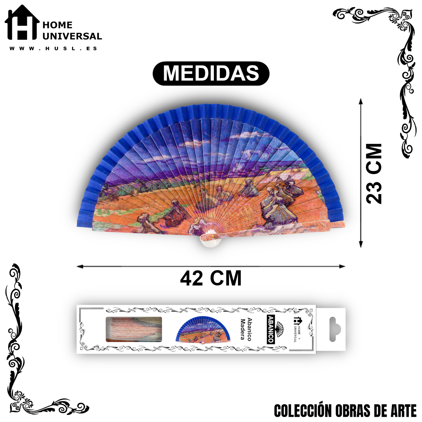 Home Universal®  Abanico 23CM DE Madera Lisa con Tela de Marfil, Abanico de Madera Adornado, Abanico Original - Campo de trigo de Vincent Van Gogh