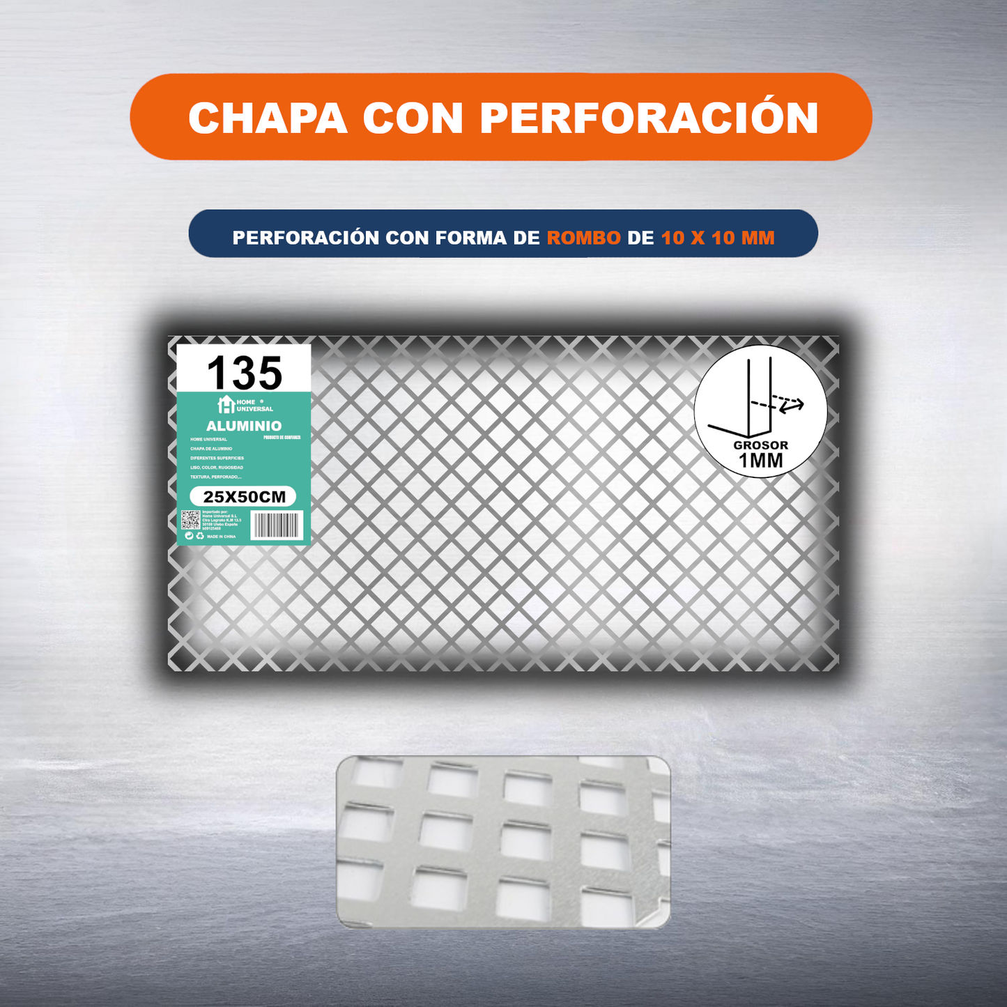 ome Universal® Chapa de Aluminio Estriada, Lisa, Malla y Perforada (Cuadrada, Ovalada, Redonda), Rugosa – Lámina Metálica Resistente Anticorrosión para Bricolaje e Industria Superficie (Perforada Forma) - Rombo-10X10MM (25X50CM - 1MM)