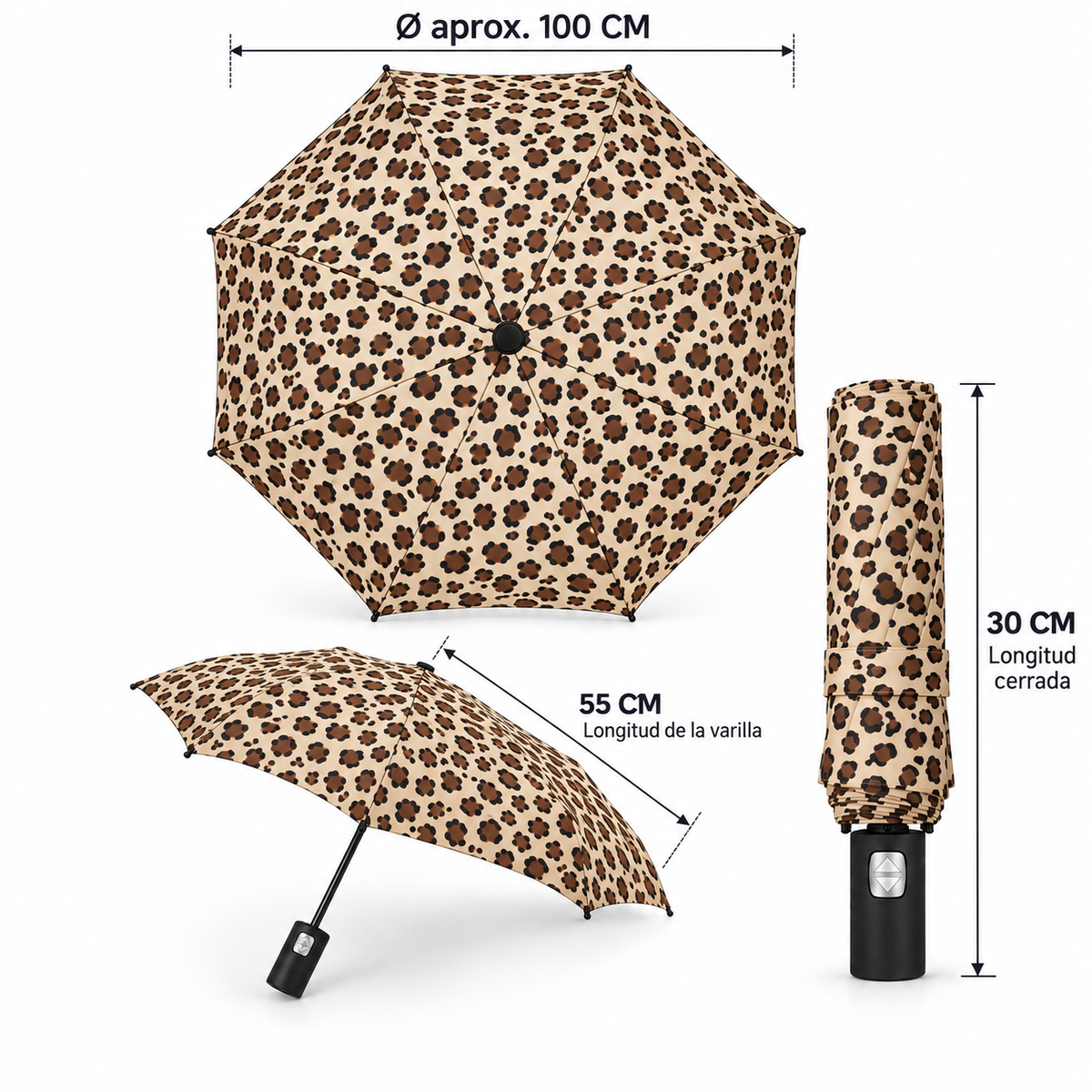 Home Universal® Paraguas Automático Plegable Grande, Compacto y Resistente, para Lluvia y Sol (Automático Apertura y Cierre (Leopardo Beige))