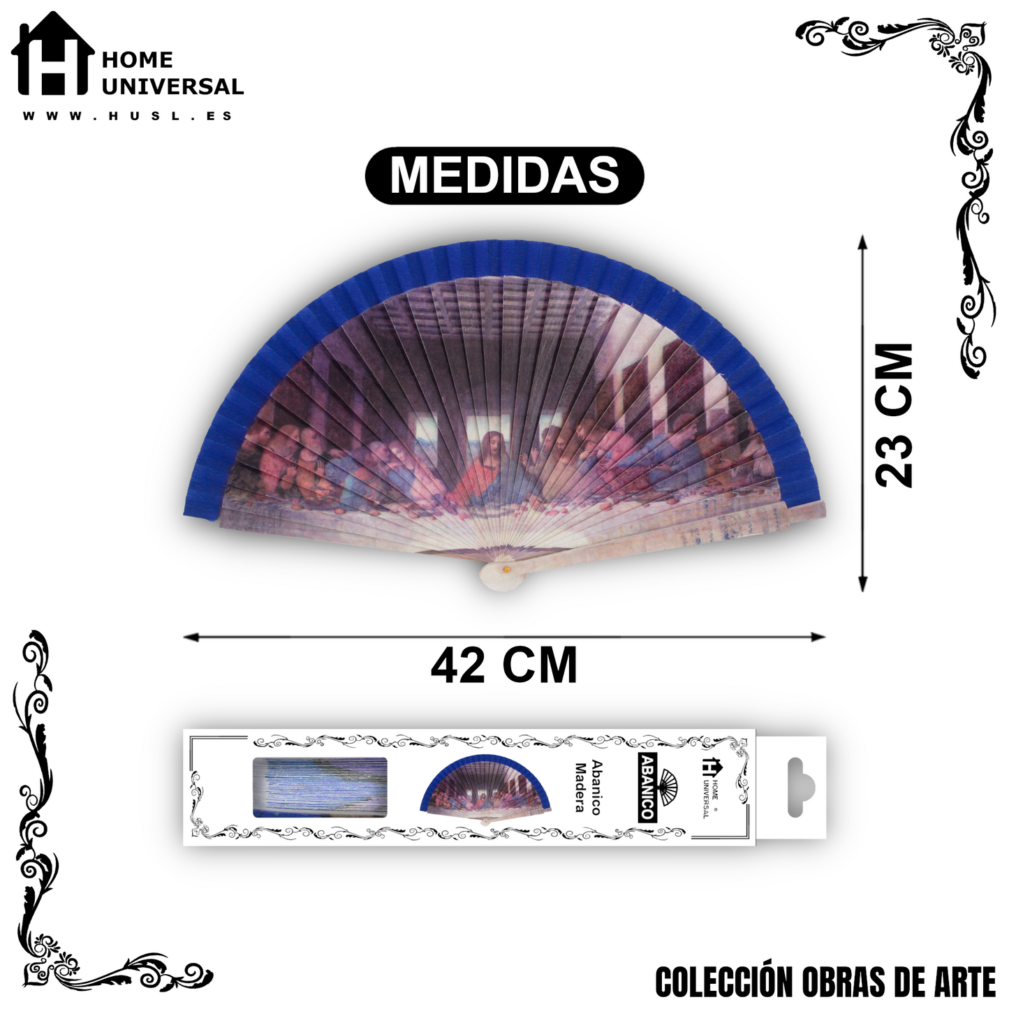 Home Universal®  Abanico 23CM DE Madera Lisa con Tela de Marfil, Abanico de Madera Adornado, Abanico Original - La última Cena de Leonardo da Vinci