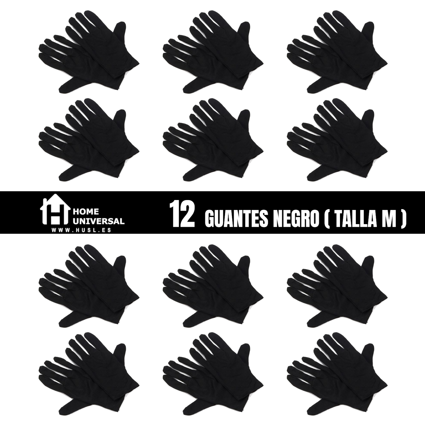 Home Universal®  Guantes de Algodón 100% Blancos y Negros – Guantes Suaves y Transpirables para Hogar, Archivo, Joyería y Manipulación Delicada (Negro)