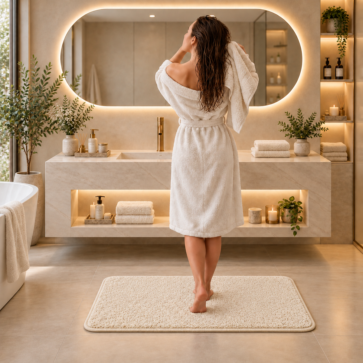 Home Universal® 2 Alfombras de Baño Absorbentes y Antideslizantes, Alfombrillas Suaves con Base de Goma, Lavables a Máquina, para Ducha, Bañera y Lavabo (Crema, 45 x 75 cm (Rectangular))