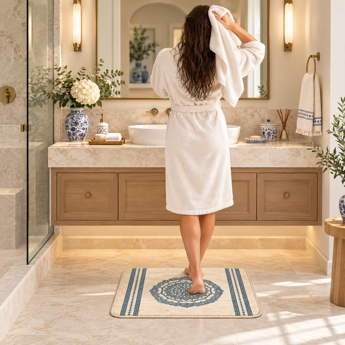 Home Universal® 2 Alfombras de Baño Absorbentes y Antideslizantes, Alfombrillas Suaves con Base de Goma, Lavables a Máquina, para Ducha, Bañera y Lavabo (Mandala Azul, 40 x 60 cm (Rectangular))