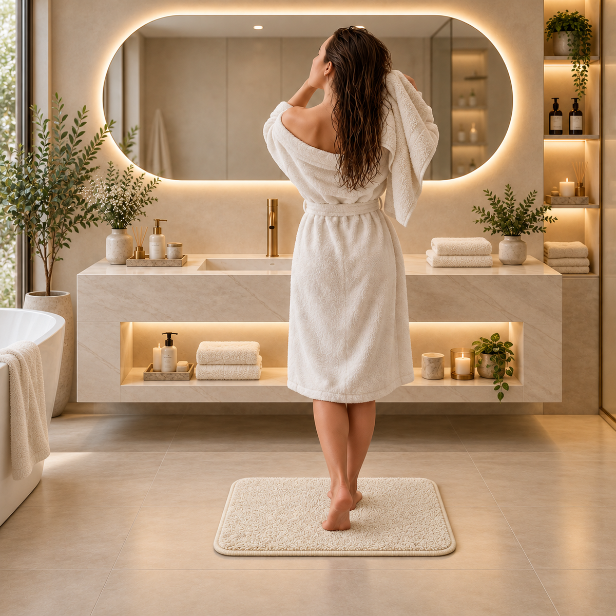 Home Universal® 2 Alfombras de Baño Absorbentes y Antideslizantes, Alfombrillas Suaves con Base de Goma, Lavables a Máquina, para Ducha, Bañera y Lavabo (Crema, 40 x 60 cm (Rectangular))
