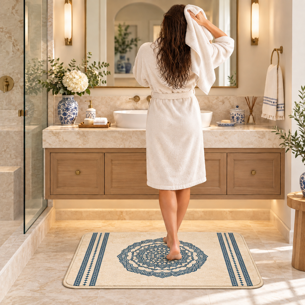 Home Universal® 2 Alfombras de Baño Absorbentes y Antideslizantes, Alfombrillas Suaves con Base de Goma, Lavables a Máquina, para Ducha, Bañera y Lavabo (Mandala Azul, 45 x 75 cm (Rectangular))