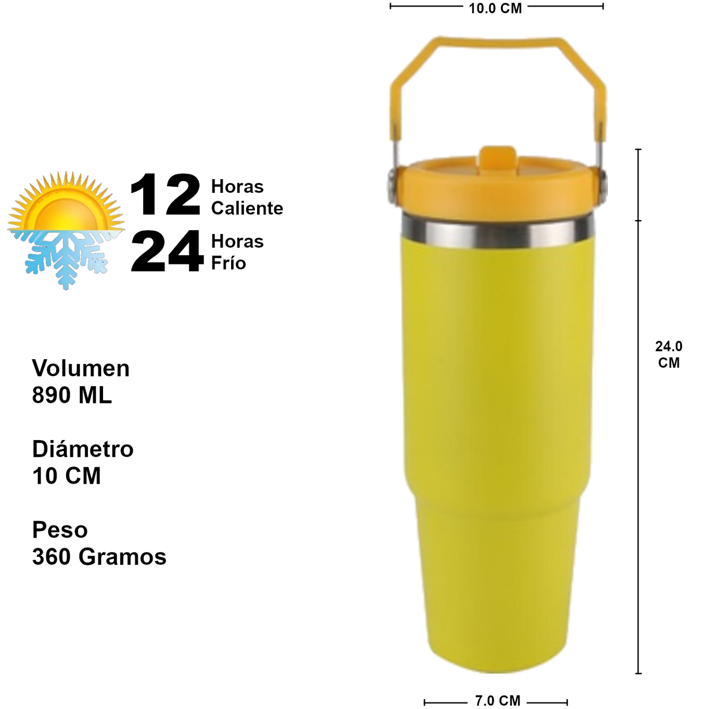 Home Universal ® Vaso térmico 890 ml | Botella de Agua Térmica 0,89L con Pajita | Acero Inoxidable sin BPA | Mantiene Frío 24h y Calor 12h | Termo Reutilizable Fácil de Llevar y Apto Lavavajillas (Amarillo)