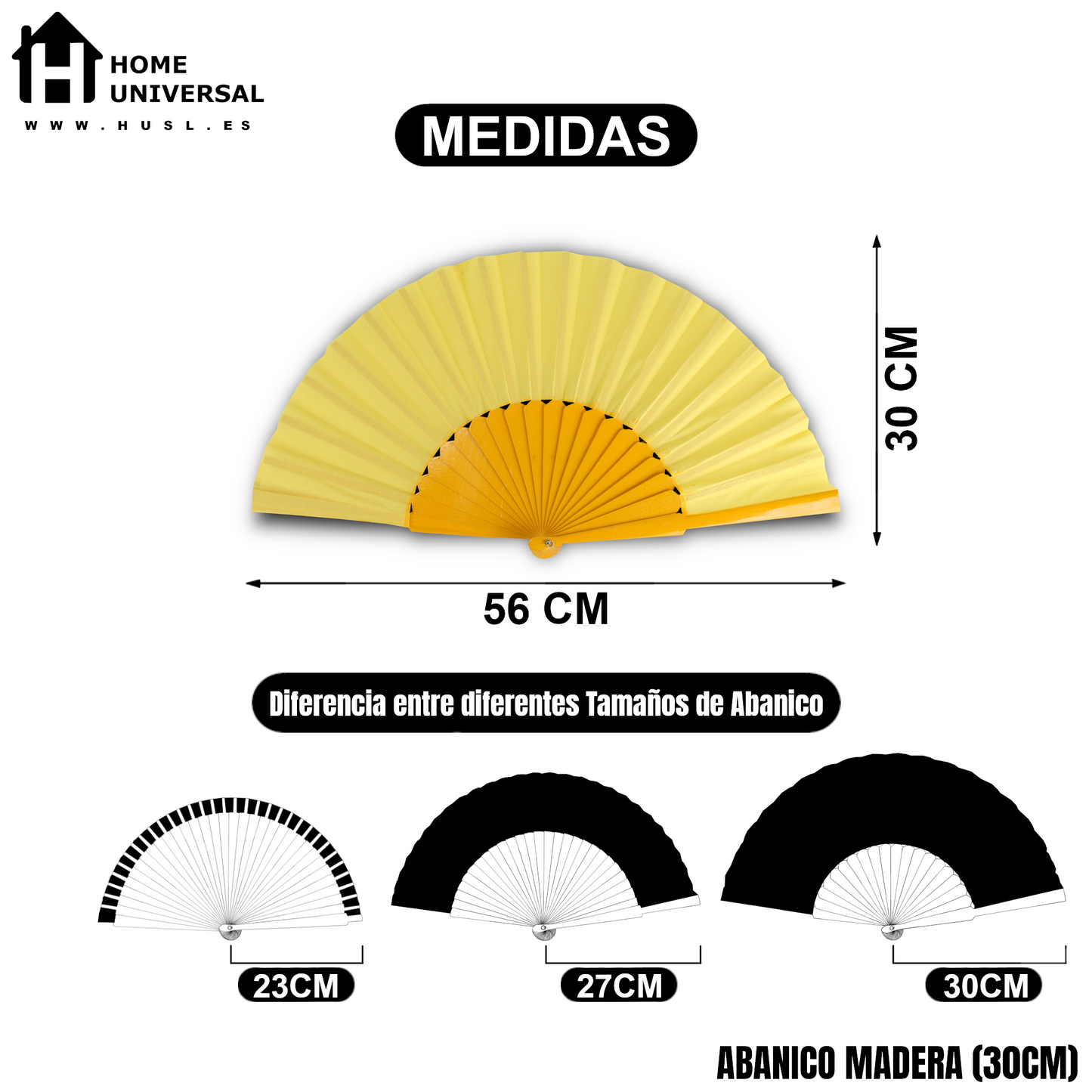 Home Universal® Abanico de madera con argollas para colgar, plegable, ligero y resistente, ideal para bodas, eventos y verano, diseño clásico y portátil perfecto para regalo y uso diario - Amarillo (30CM)