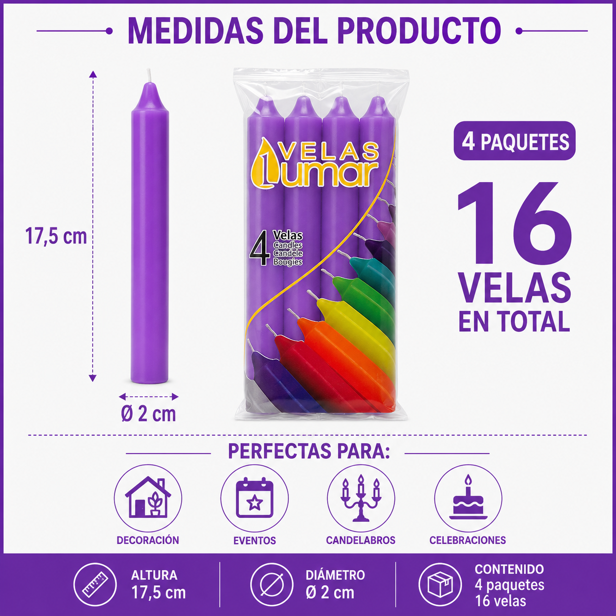 Home Universal® Pack de 16 Velas Cilíndricas Morado Lavanda 175x20 mm, Velas para Candelabros, Decoración de Mesa, Bodas, Comuniones y Eventos