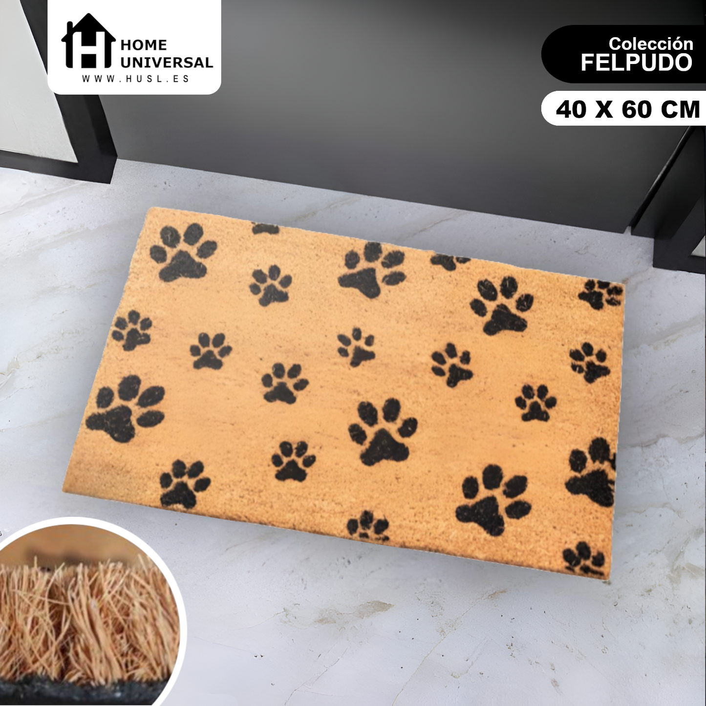 Home Universal ® Felpudos 60x40CM Fibra de Coco | Base Antideslizante de Caucho | Apto para el Exterior (Huellas de Perro)